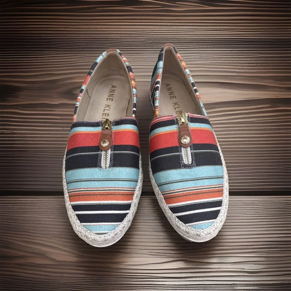 Anne Klein Women's Shoes Striped Espadrille Zip Sandals US Size 10M